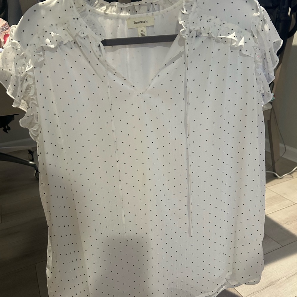 T.J.Maxx White Ruffle Polka Dot Blouse